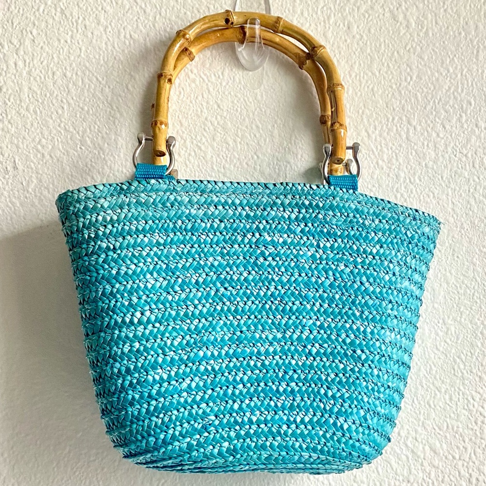St. John’s Bay Blue Woven Tote Bag with Bamboo Handles
